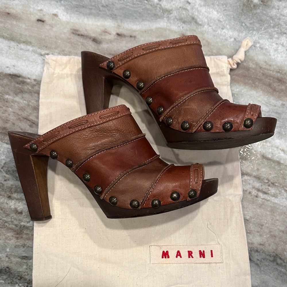 Vintage Marni Y2K Leather Mule Sandals w/ Studded Wood Heel + Dust Bag | Size 38